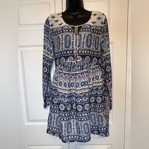 Billabong Long Sleeve Dress Tassel Thunderbird Print Beach Boho Size S
